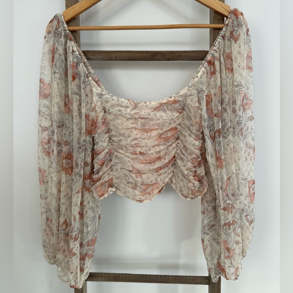 Free People Lilia Ruched Sheer Cropped Top floral Cream Pink Women’s Size Large